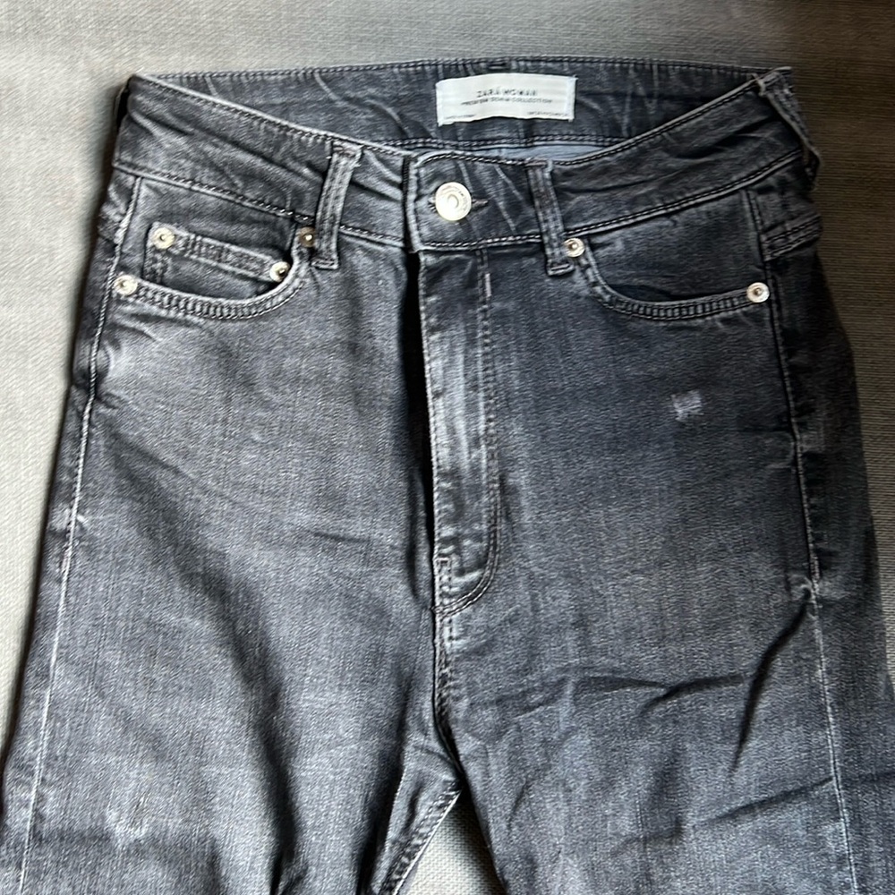 Zara High Waisted Premium Denim, Distressed Gray